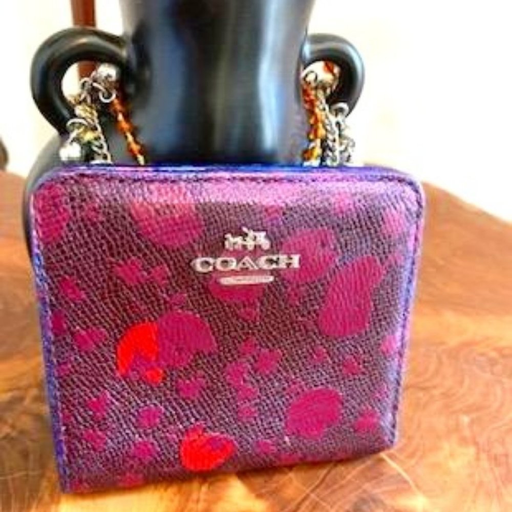 Coach Burgundy Red Floral Snap Wallet With Multi Colored Hand Painted In…